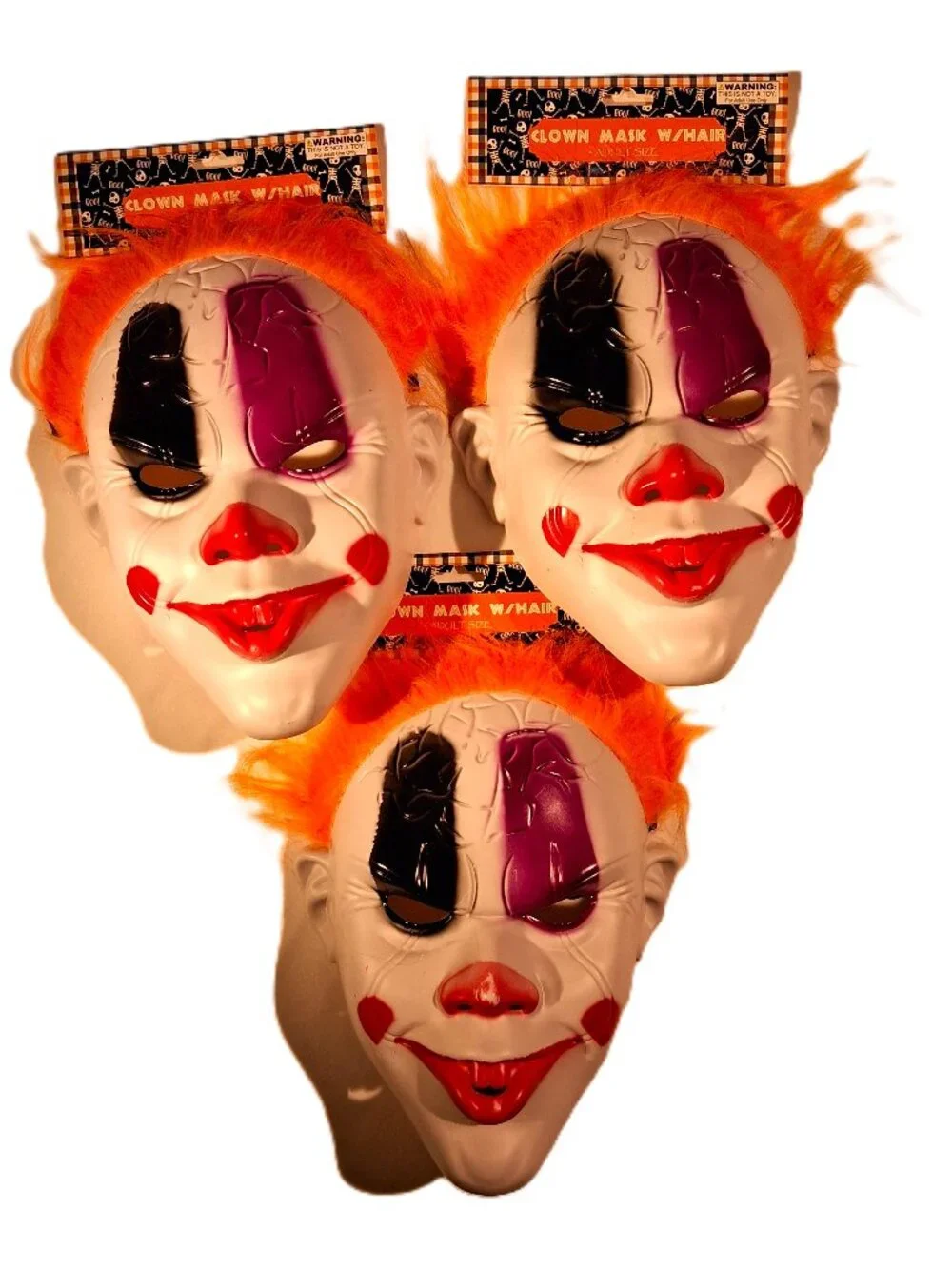 CLOWN MASK WITH HAIR Lot of 3 Adult size New White face Orange Hair Hard Plastic
